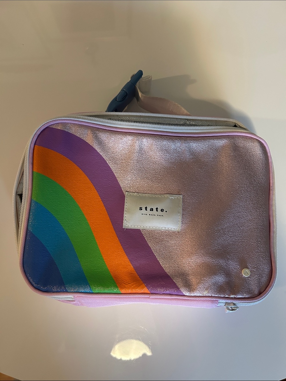 STATE Metallic Pink Cosmetic Pouch with Rainbow Accent